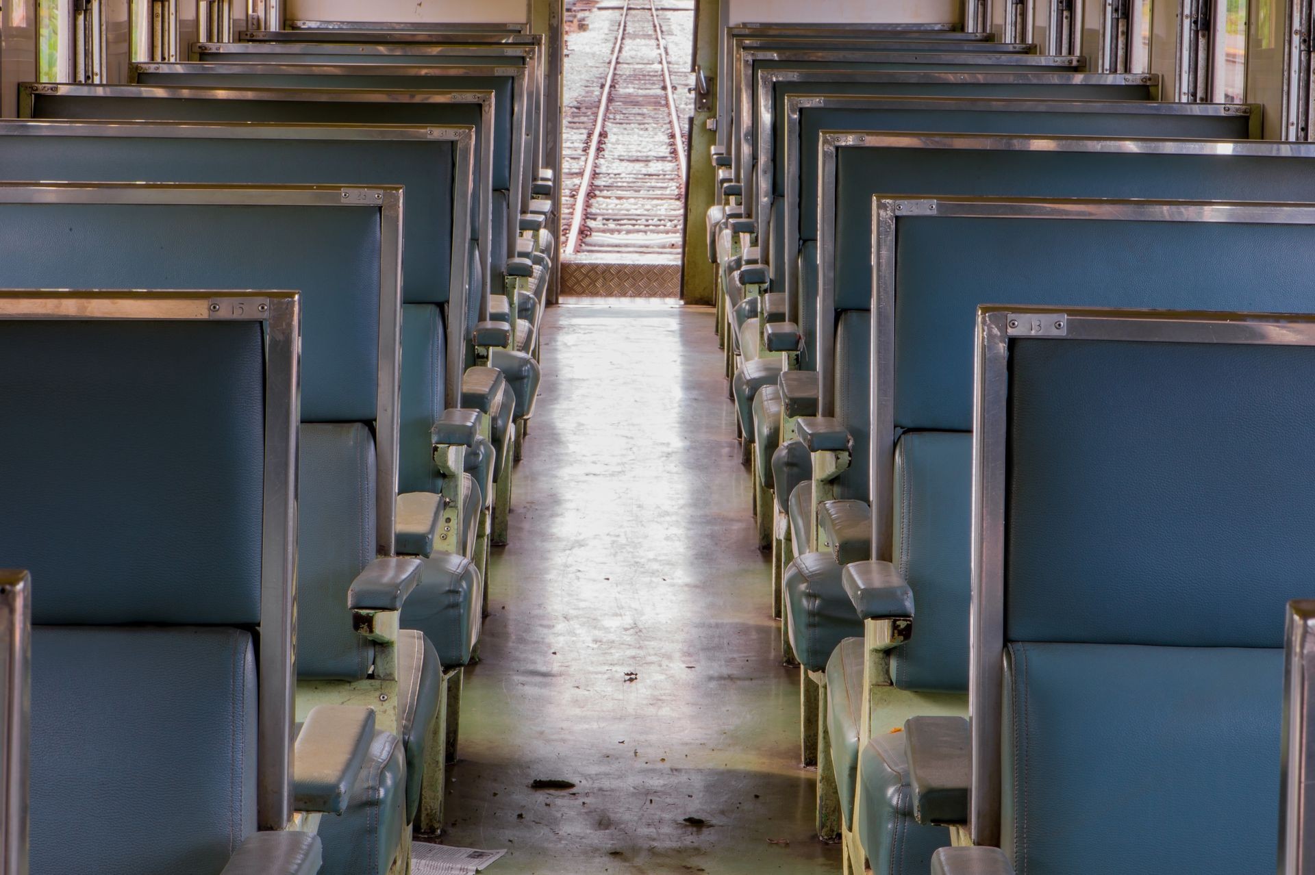 Vintage blue seats in train and natural light from window